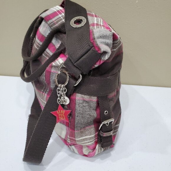 Aeropostale Tote Handbag with Wristlet Brown Pink Plaid Canvas Double Handles - Picture 8 of 15